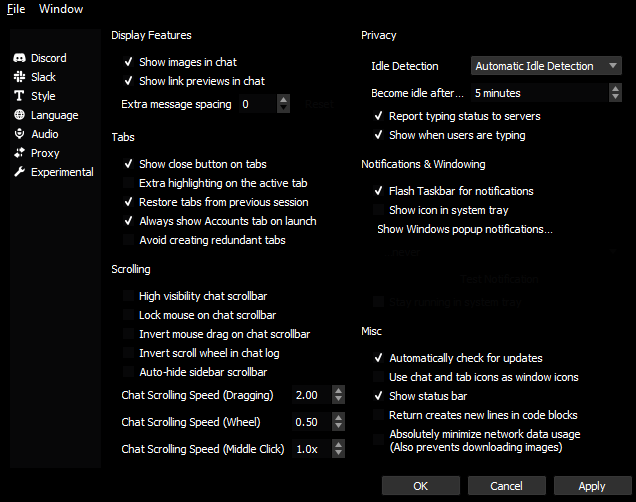 Ripcord settings panel dark