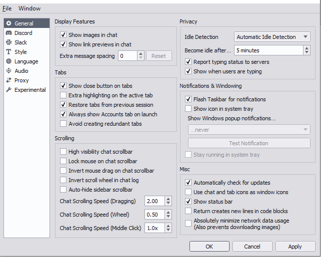 Ripcord settings panel